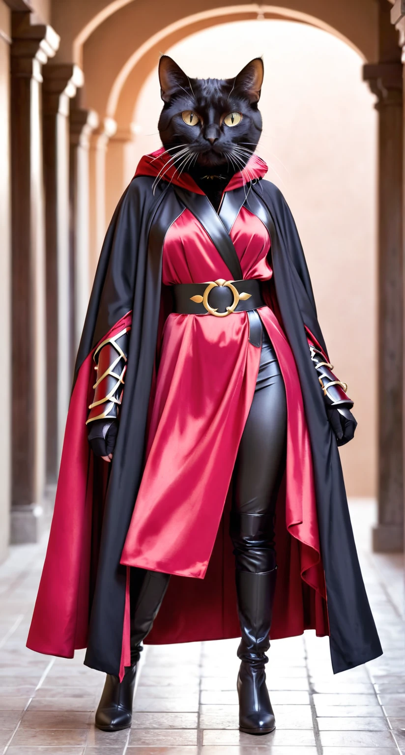 Close-up of a cat wearing a black coat and red dress, Black leather clothing, Flowing robes, Black cape, red robe, Crimson clothing, full body Black cape, saggy 黑red robe, Flowing robes and leather armor, Red and black suit, Black clothes, Wearing a red dress coat, Wearing a jacket with pink details, Black Greek robe, Flowing Magic Robe