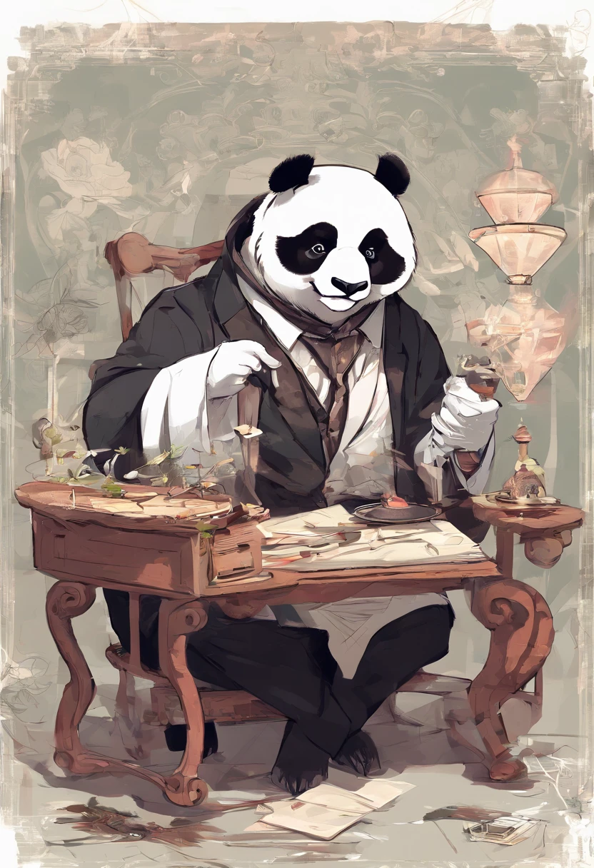 anthropomorphic panda, de cuerpo entero, vestido formalmente con un blazer, sostiene una bandeja, pegatina de panda, sticker de panda.