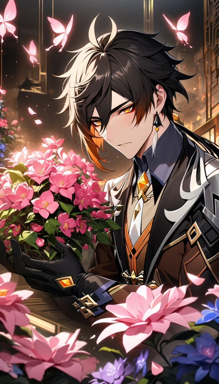 (absurdres, highres, ultra detailed, HDR) master piece, best quality, perfect face, Zhongli, black hair, expressive yellow eyes, Genshin Impact, solo, sexy man, handsome, black clothes, black gloves, glass pink flowers, glass pink petals, glass pink butterflies, glass garden, glass blossoms, everything made with glass