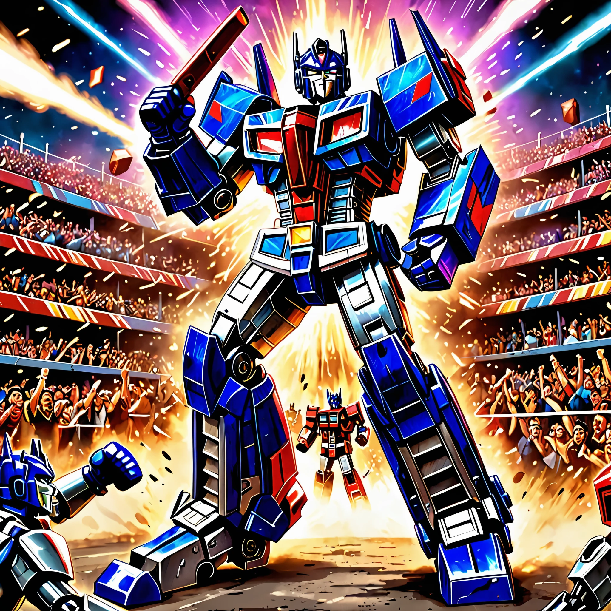 Optimus Prime, boxing a Decepticon, cheering crowd, Cybertronian Boxing Match, G1 style Transformers, illustrative rendering, metallic textures, vibrant colors, energetic lighting, best quality, ultra-detailed, vivid colors, (action-packed:1.1), (dynamic:1.1), (high-impact:1.2), (epic:1.2), (intense:1.1), (spectacular:1.1), explosive punches, detailed robot faces, powerful body movements, dramatic angle, atmospheric background, (sci-fi:1.1), heroic stance, mechanical sound effects, intense action scene, (powerful:1.1), (fast-paced:1.1), (dramatic:1.1), (high-octane:1.2), (fierce:1.1), (epic battle:1.1), (exciting:1.1), (thrilling:1.1), (electric atmosphere:1.1), (intense rivalry:1.1), (roaring crowd:1.1), (spectators' excitement:1.1).