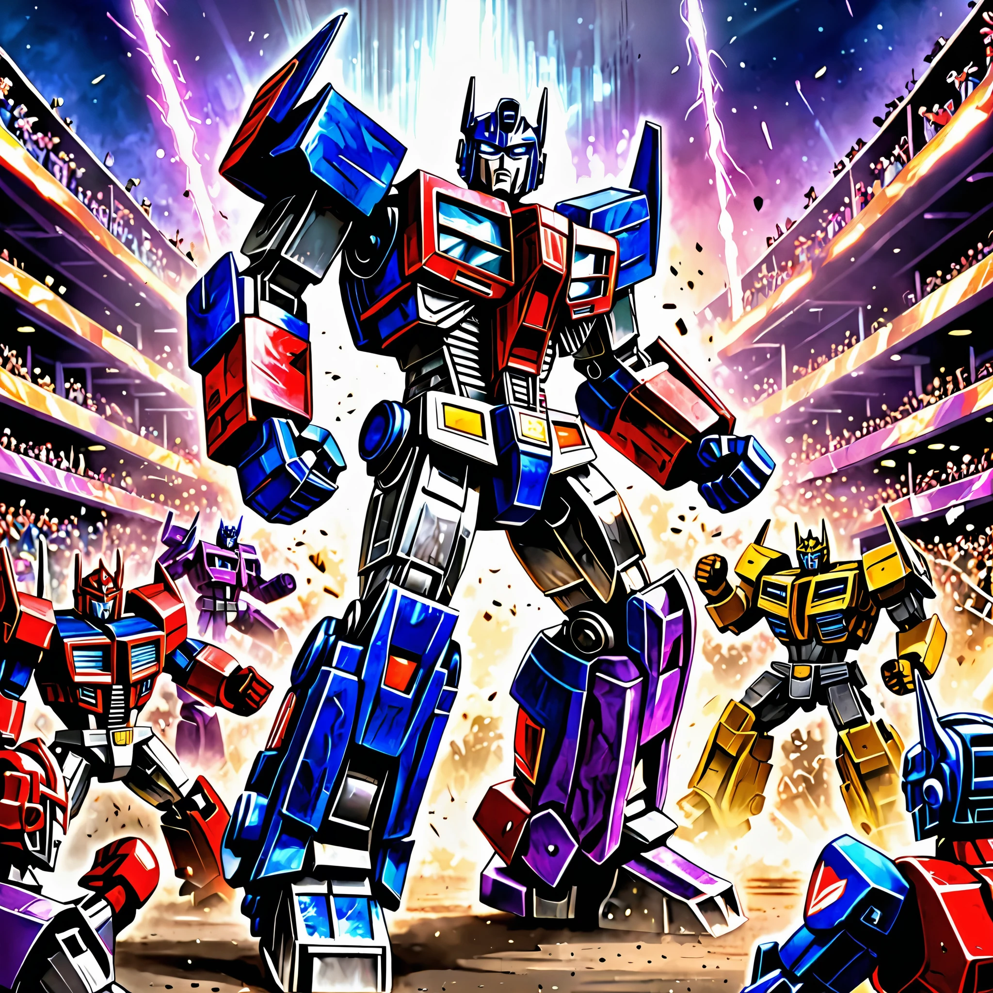 Optimus Prime, boxing a Decepticon, cheering crowd, Cybertronian Boxing Match, G1 style Transformers, illustrative rendering, metallic textures, vibrant colors, energetic lighting, best quality, ultra-detailed, vivid colors, (action-packed:1.1), (dynamic:1.1), (high-impact:1.2), (epic:1.2), (intense:1.1), (spectacular:1.1), explosive punches, detailed robot faces, powerful body movements, dramatic angle, atmospheric background, (sci-fi:1.1), heroic stance, mechanical sound effects, intense action scene, (powerful:1.1), (fast-paced:1.1), (dramatic:1.1), (high-octane:1.2), (fierce:1.1), (epic battle:1.1), (exciting:1.1), (thrilling:1.1), (electric atmosphere:1.1), (intense rivalry:1.1), (roaring crowd:1.1), (spectators' excitement:1.1).