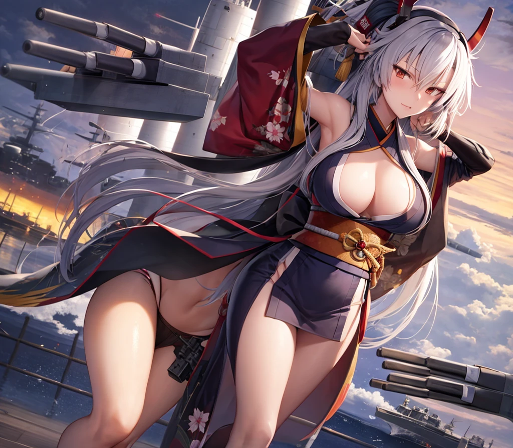 battleship Musashi as an anime girl, wearing kimono, with battleships nearby