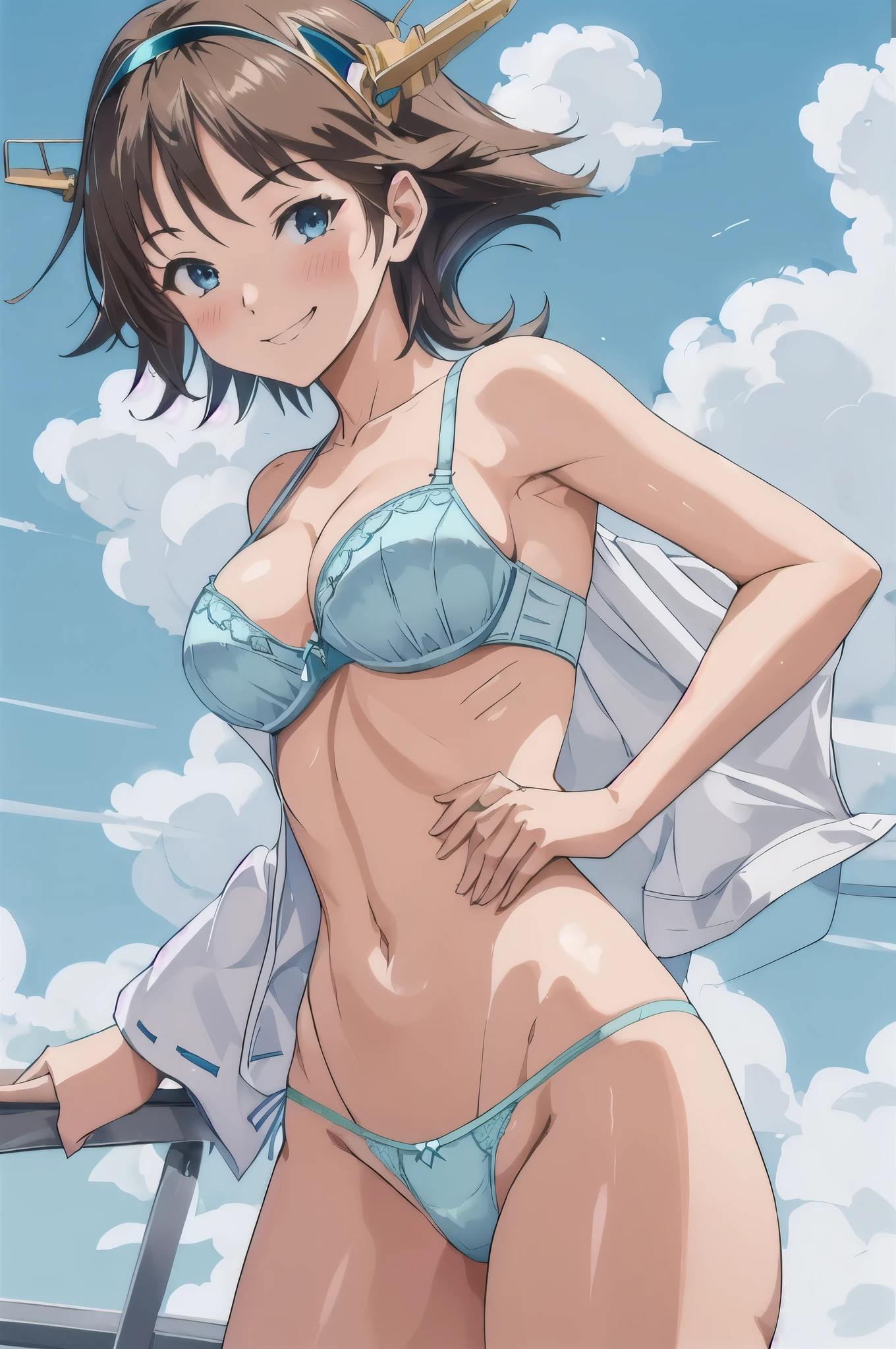 highest quality, masterpiece, High resolution, ((alone)), {Mount Hiei_Fleet Collection:1.15}, ((Perfect hands, Perfect Legs, Perfect Anatomy)), ((オレンジ色hair)), hairband, headgear, Non-traditional_Miko, smile, blush, green_eye, Inverted up_hair, (One Girl), Office Background, (Light blue panties), (Light blue bra), (Flashy underwear), lingerie