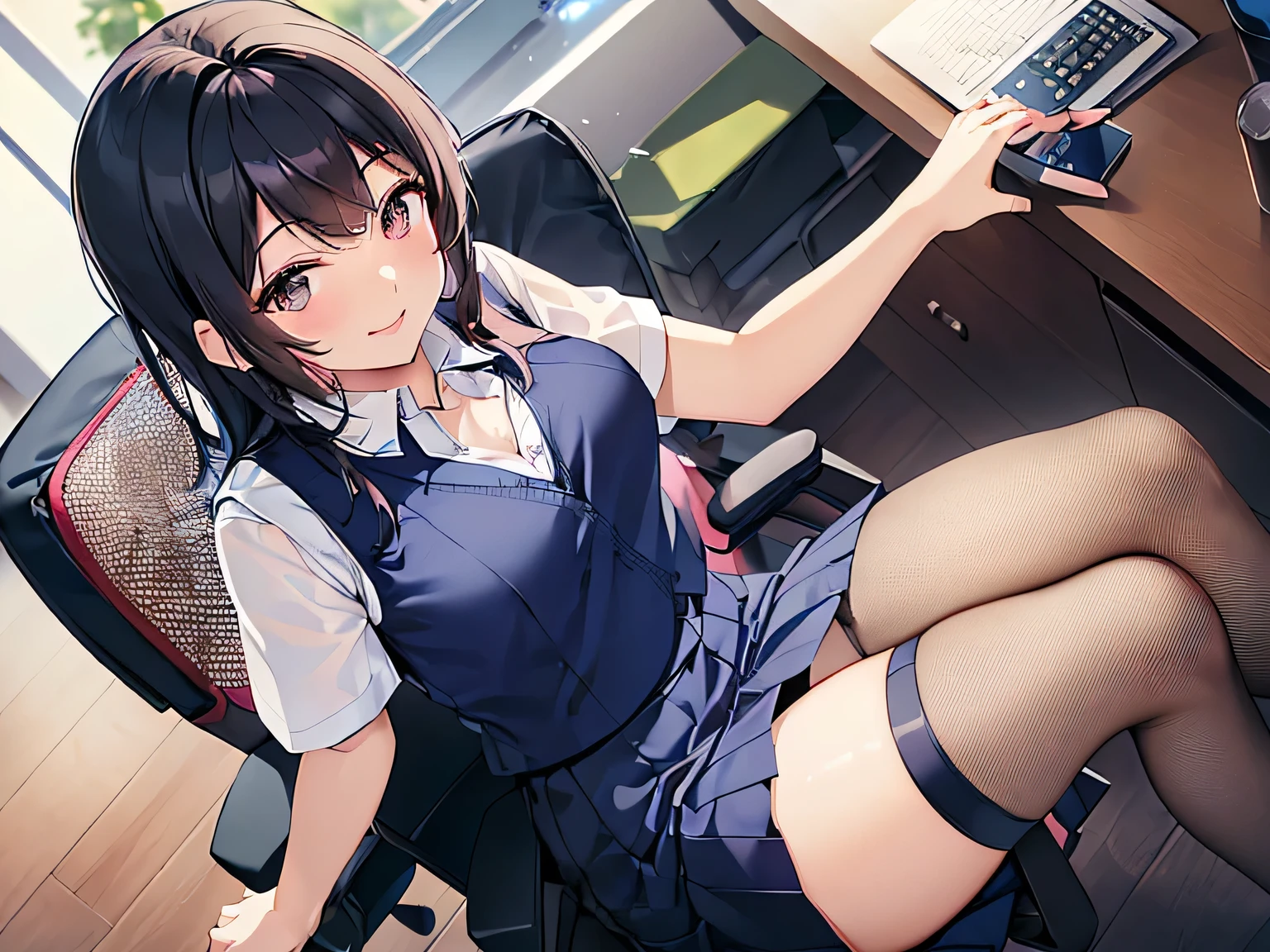 (Masterpiece, highest quality, high resolution, realistic photo, realistic skin: 1.1),
(Woman sitting in company mesh office chair working: 1.5), (Woman sitting in company mesh office chair working: 1.5),
(Smiling face: 1.5),
(Wearing a company uniform of a white shirt, navy blue vest, and navy blue tight skirt: 1.8),
(She is wearing black pumps on her feet: 1.5),
(Panties are pink with a pink pattern: 1.5),
(Black hair, medium length: 1.5),
(Location: Mesh office chair at work: 1.5),
1 Japanese Female, Solo, Full-Bodied Esbian, Beautiful Eyes, Glowing Eyes, Glowing Thighs, NSFW