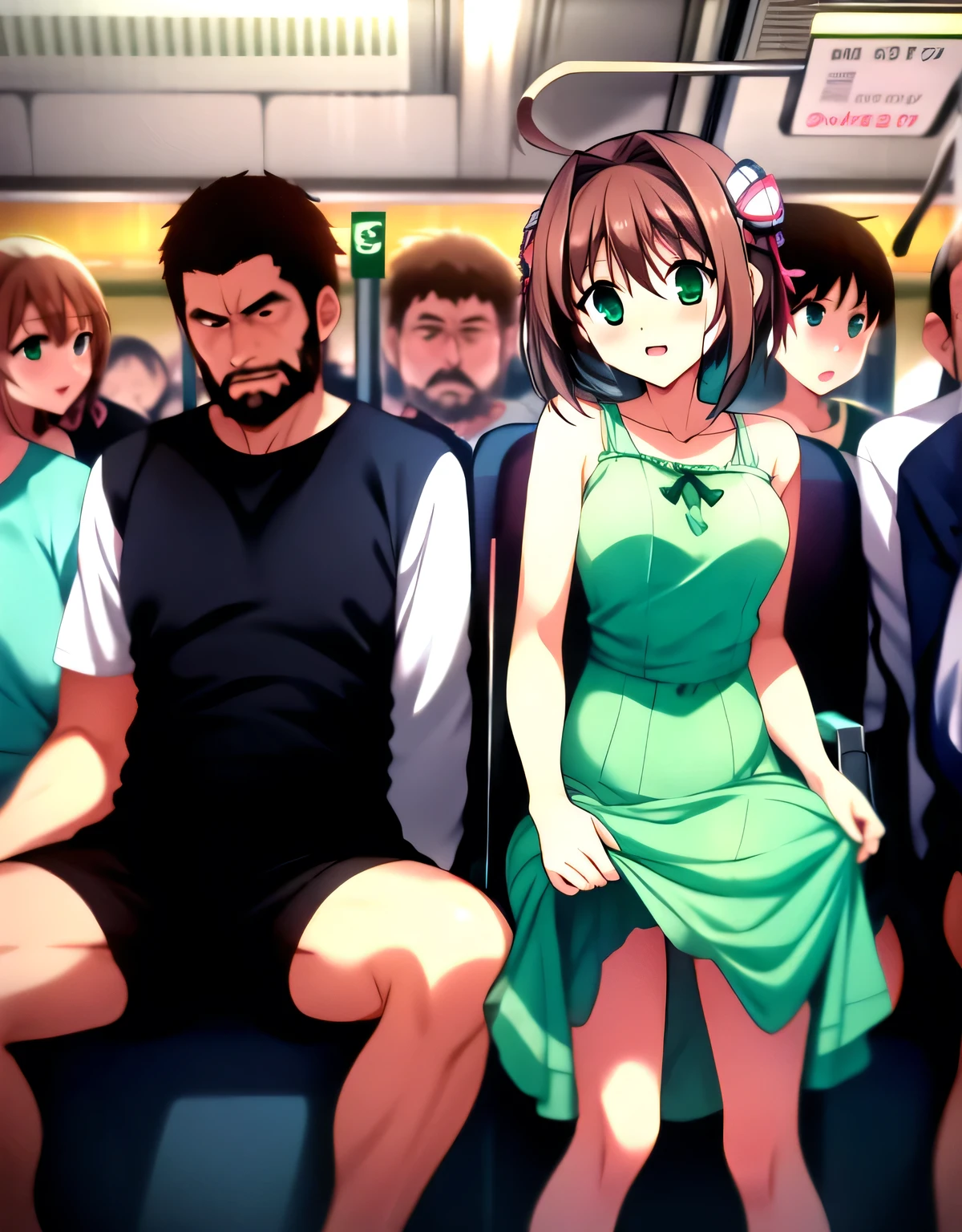 asakura_yume,Brown Hair,Normal chest,Aqua Eye,White skin,(((woman１people))),((((on the train)))),((Are standing)),(((((Bust up shot))))),(((((green_Summer Dresses))))),((valley)),No bra,smile,Open your mouth,nsfw, (((Several bearded men))),(((By Meng_Surrounded by middle-aged male molesters))),(((By Meng_Being stared at by a pervert))),