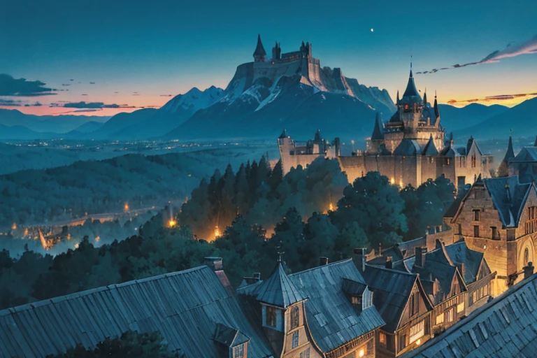 impressive big ((ghibli)) dark fantasy castle at night, high up top, rocky mountains, tiled roofs, medieval, many towers, sky passages between towers, clustered towers, many turrets, balconies, POV