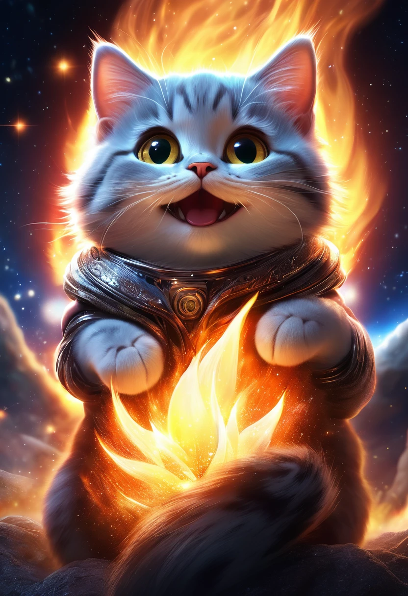 CG, UHD, masterpiece, anatomically correct, super detail, high details, highres, best quality, HD, Digital Art, universe, Biggest Smile, whole body, cat, cute, Fire is coming out of my hands