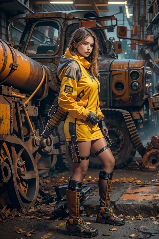 Realistic picture 8k,Masterpiece,Girl in cyberpunk outfit,The color of old machinery is rusty yellow.,Staring at me.,sexy poses,