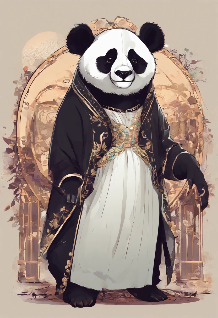 anthropomorphic panda, de cuerpo entero, vestido formalmente con un blazer, sostiene una bandeja, pegatina de panda, sticker de panda.
