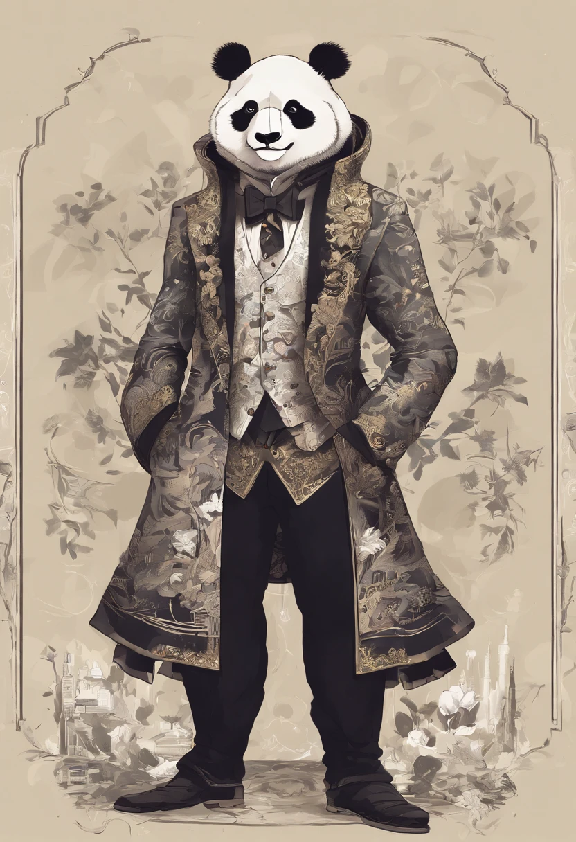 anthropomorphic panda, de cuerpo entero, vestido formalmente con un blazer, sostiene una bandeja, pegatina de panda, sticker de panda.