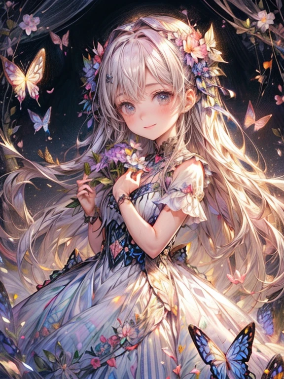 (beautiful cute girl), (butterfly ornament), (butterfly dress), ((many butterflies)), (((background of many flowers ))), (((bright background))), (beautiful world), (cute world), smile,