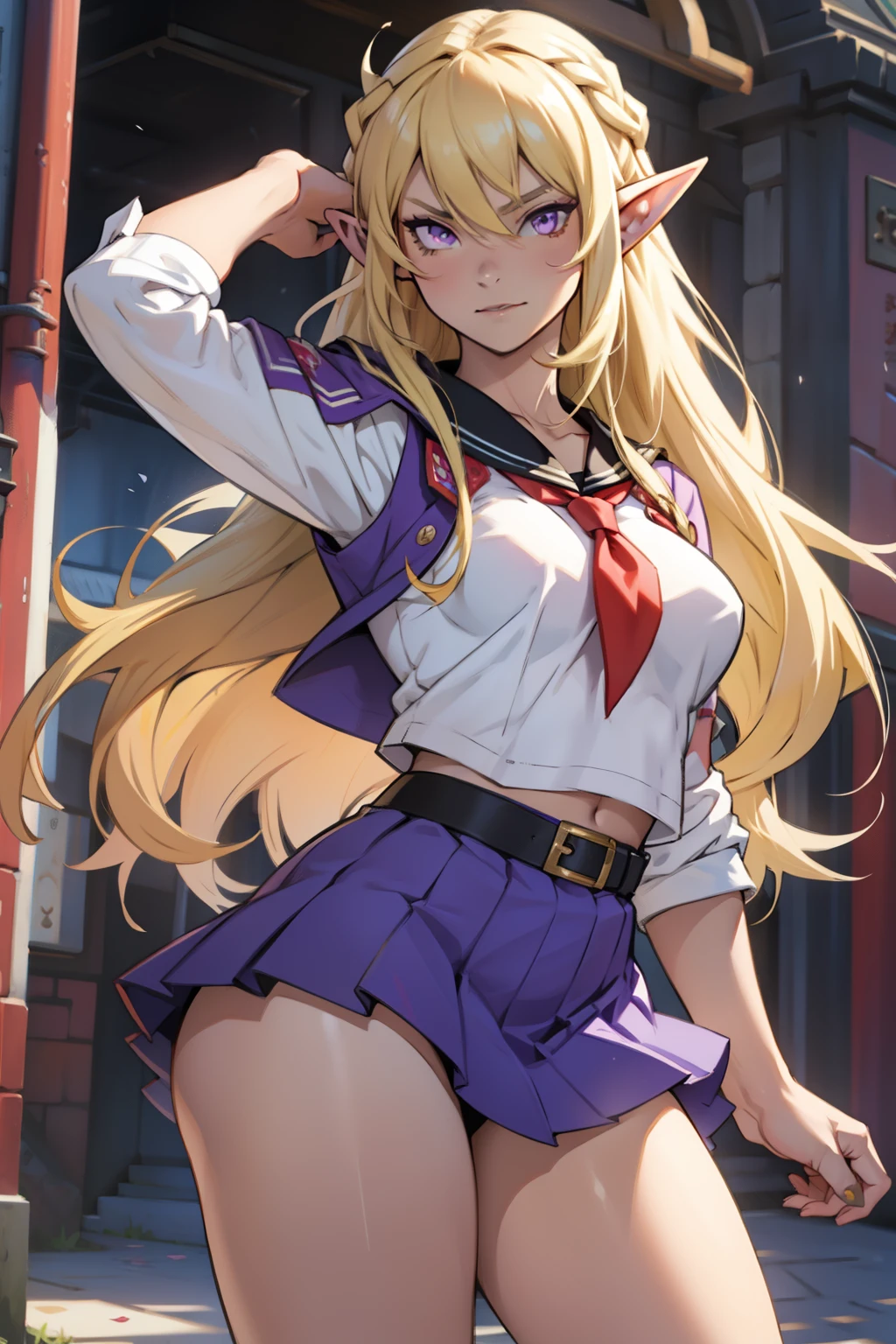 ((1 girl)), (solo), elf with pointy ears, purple eyes, blonde hair, long hair,perky breasts, (serafuku)