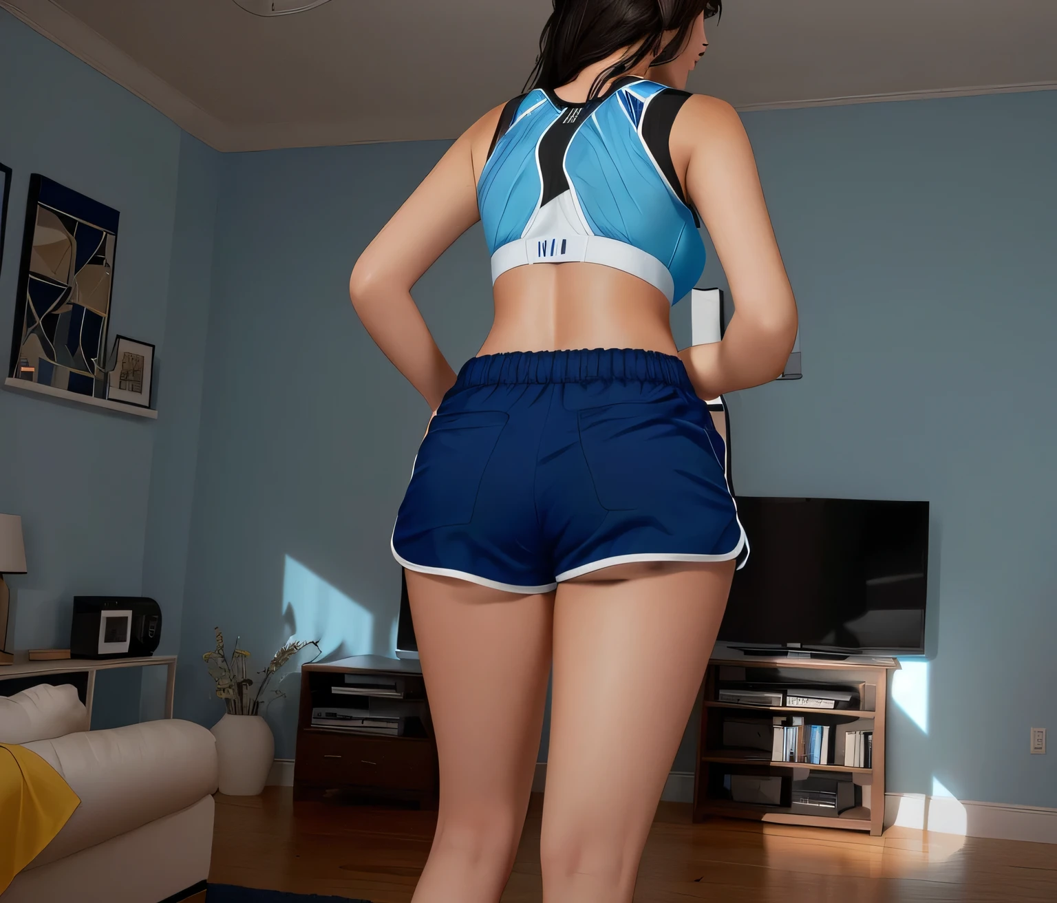 there is a woman standing on a wii remote in a living room, sport bra and dark blue shorts, in shorts, shot from the back, long shot from the back, shot from behind, seen from the back, view from the back, picture from behind, backview, long shot from back, sport bra and shorts, back view!!, backshot