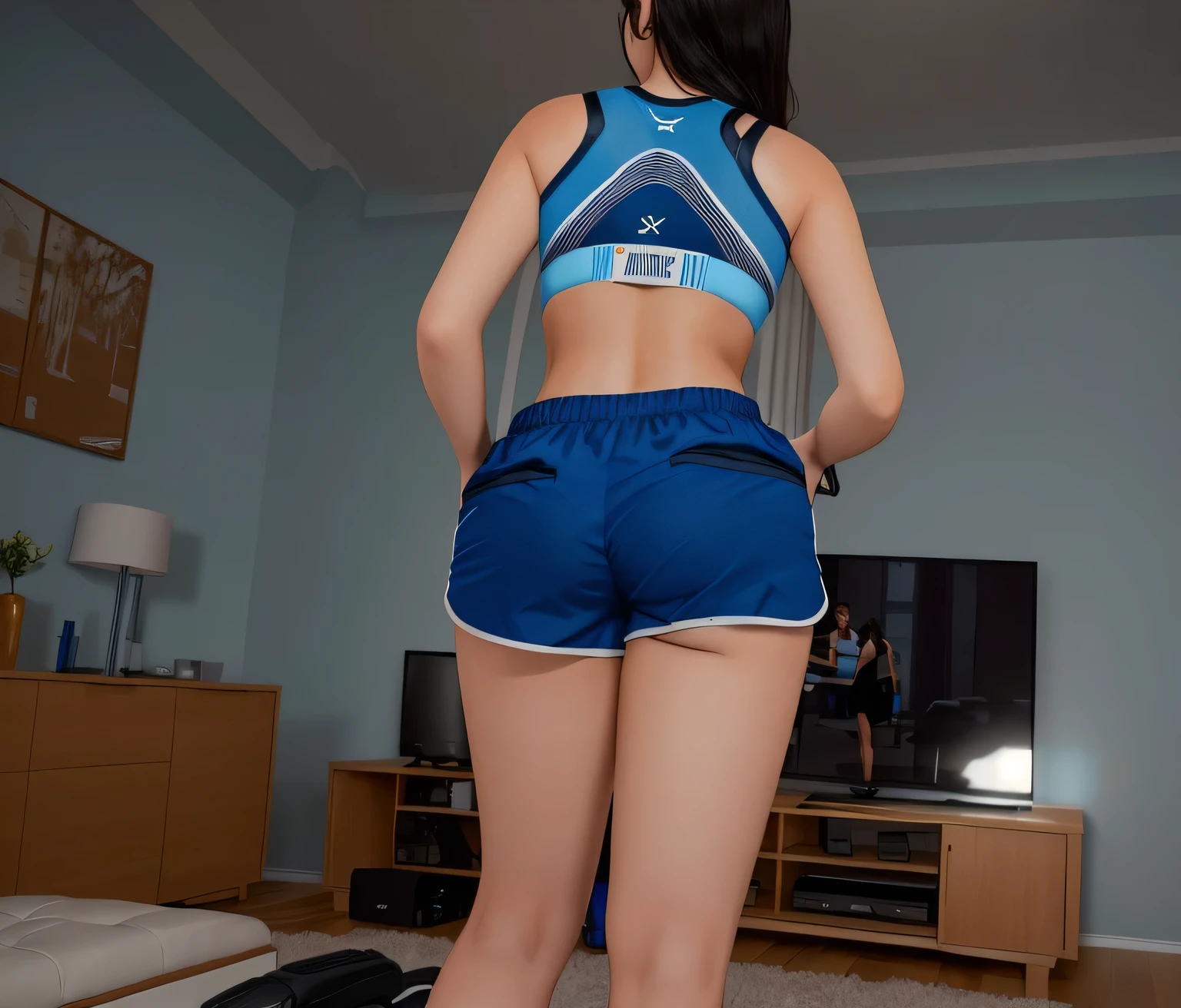 there is a woman standing on a wii remote in a living room, sport bra and dark blue shorts, in shorts, shot from the back, long shot from the back, shot from behind, seen from the back, view from the back, picture from behind, backview, long shot from back, sport bra and shorts, back view!!, backshot