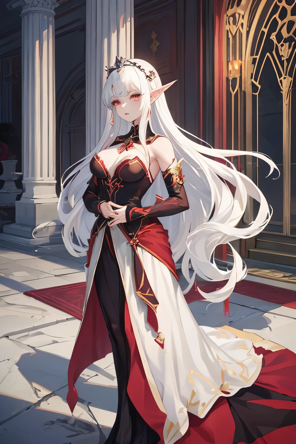 standing in full height, a beautiful drawn face, a young beautiful elf vampire, domineering princess long ash hair red eyes domineering facial expression black and red luxurious dress without shoes cutout on the chest size 2 breasts around blood essence ultra high definition
