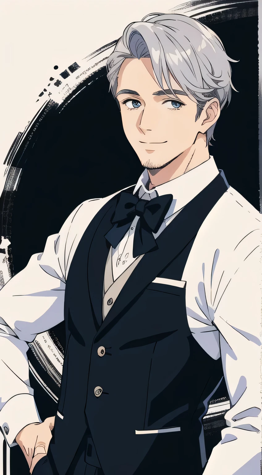 (highest quality, masterpiece,front,Butler), 1 male, 40 years old, wonderful, a handsome guy, A kind smile, Silver Hair,gentleman,Character portrait,whole body,front,