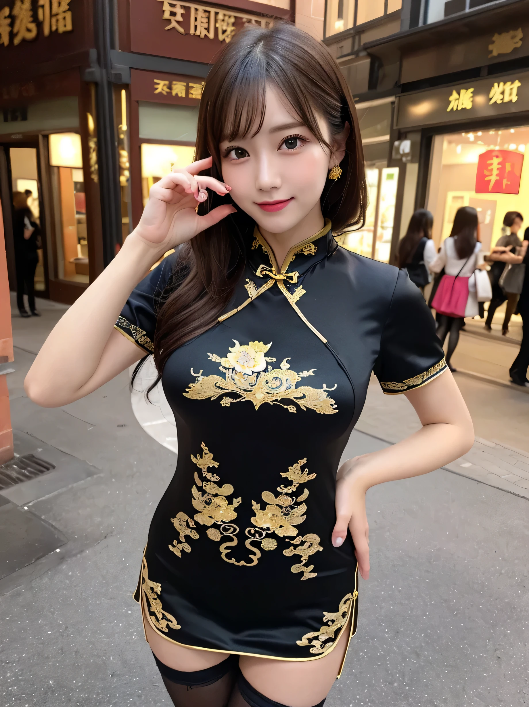 Tabletop、highest quality、artwork、Super fine、High resolution、8k wallpaper、Perfect dynamic composition、Detailed and beautiful eyes、(Beautiful big breasts:1.3)、Natural color lip、bold sexy pose、SMILE、Harajuku、20歳girl、cute、Sexy photos looking at the camera、(highest quality:1.3)、(masterpiece:1.3)、(Super detailed 1.3)、(girl:1.1)、(Hand and finger detail:1.2)、(super oily)Glossy skin detail:1.1)、Thick and shiny thigh-high boots、(A perfect and gorgeous black cheongsam:1.4)、Gold patterned Chinese dress、(Brown tights:1.3)、Chinatown、(Brunette:1.3)、short hair、Beaver、 (Beautiful big breasts:1.3)、Sister-in-law、(Standing posture:1.2)、Sexy pose