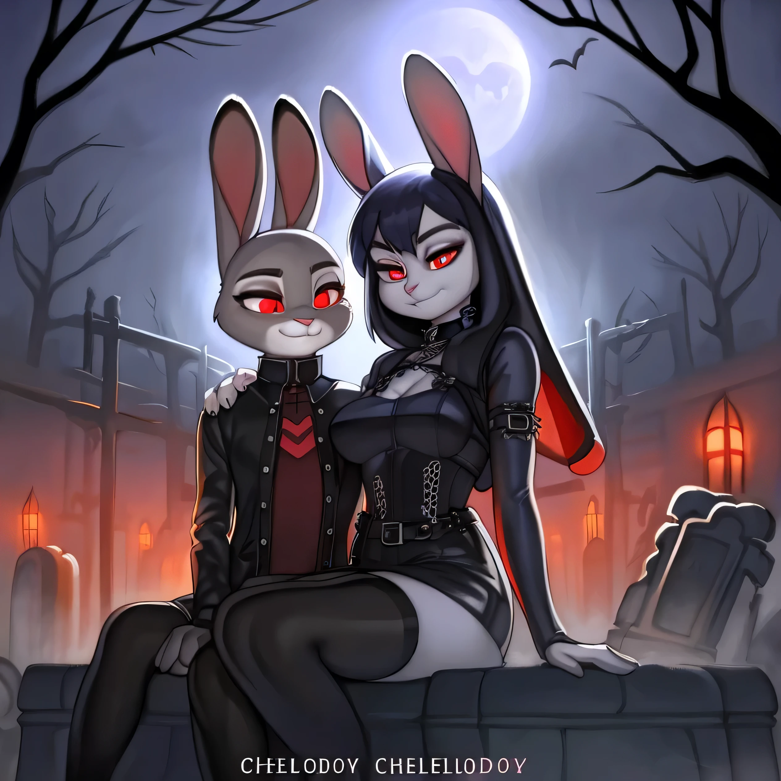 By chelodoy,2 girls, Judy Hopps, goth outfit , stockings, sitting on the skeleton, red eyes, glowing eyes, smirk, holding skull, on the graveyard, fog, night, (detailed face, detailed eyes)