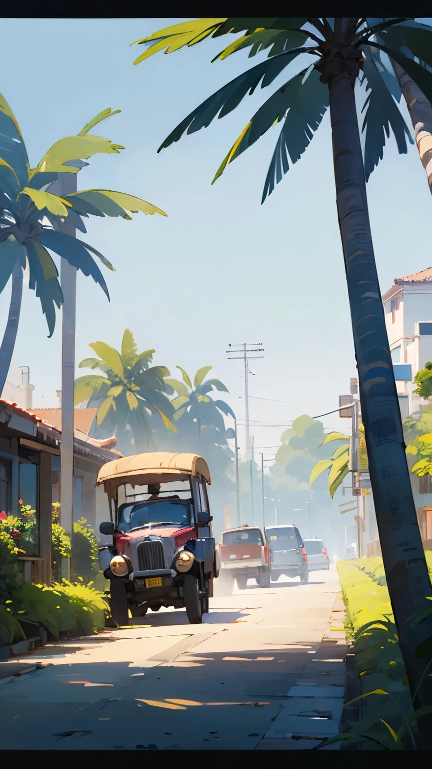 ((best quality)), ((masterpiece)), (detailed), (visually captivating image), (crystal-clear clarity), (4K resolution), (high definition), (meticulous detail), (vibrant colors), (HD quality), It's early morning in the small, sleepy town of Masai, Johor, Malaysia. The sky is still a deep shade of indigo, the air cool and crisp with the promise of a new day dawning. A gentle breeze rustles through the palm trees that line the main street, their fronds swaying lazily back and forth. The occasional honk of a car or the clucking of chickens can be heard in the distance, but for the most part, the town lies quiet and peaceful.