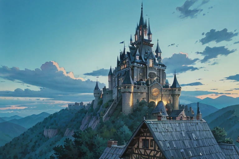 impressive big ((ghibli)) dark fantasy castle at night, high on the mountain top, rocky mountains, tiled roofs, medieval, many towers, sky passages between towers, clustered towers, many turrets, balconies, POV