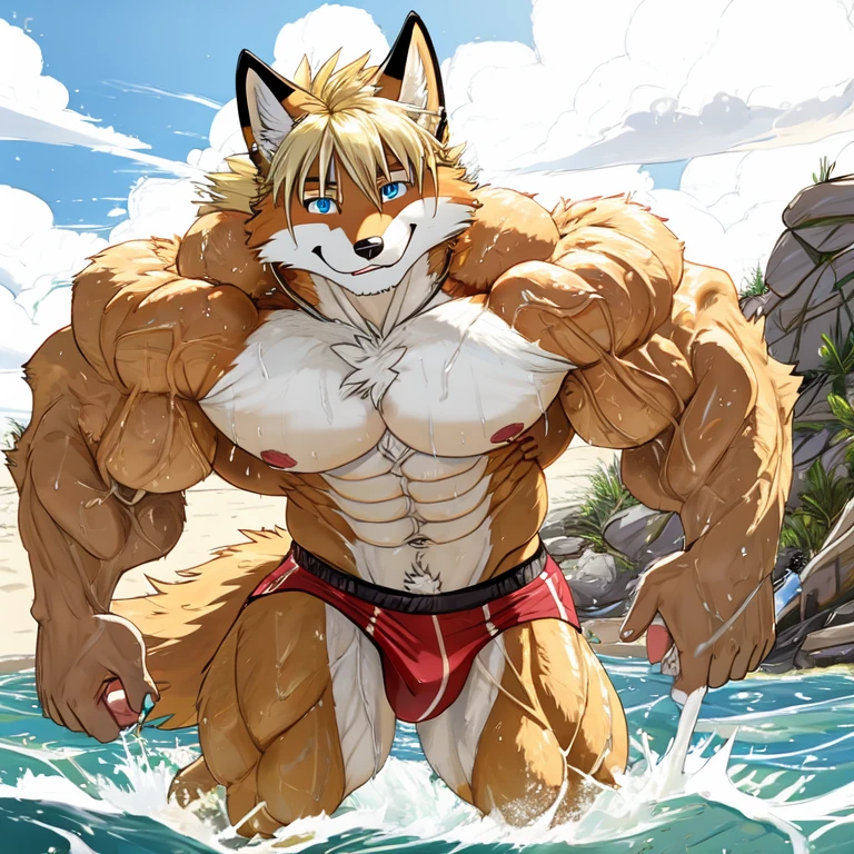 (masterpiece, Best quality:1.2), fox boy, on beach playing volleyball, in speedos, body covered in black fur, Furry style,very muscular wild ,full height,veiny muscles, very long blond hair,freckles on the body and face,blue eyes,defined muscles,wet body from sweat,sharp focus, young , friendly 