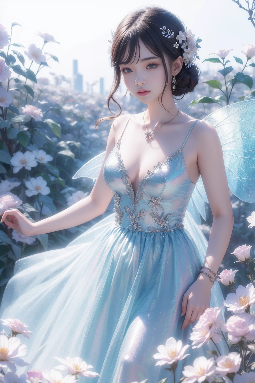 (((girl)),Long skirt,Iridescent colors,(Flower Fairy),(Rich colors),spring,Arthur effect, Transparent body, Gradient translucent glass melt, Caustics, Clear glass texture, Iridescent colors, design:Dietrams, Simple, Shining in every detail, White background, 工業design, Studio Lighting, c4d, OC Renderer, Beautiful shadows, 4K