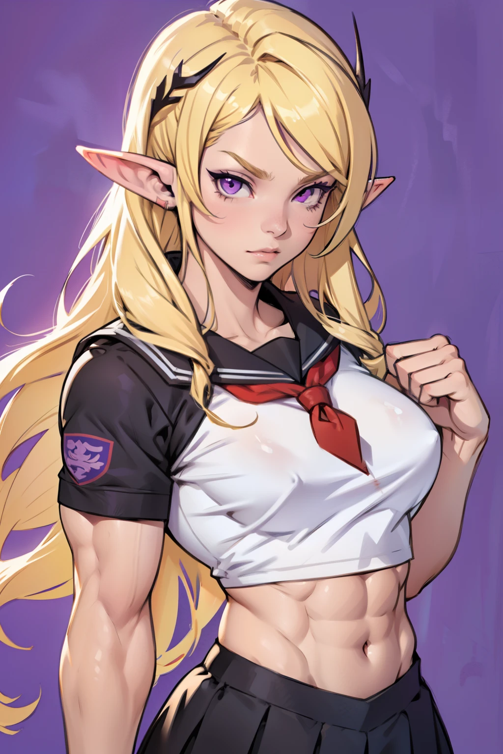 ((1 girl)), (solo), elf with pointy ears, (((muscular body))), purple eyes, blonde hair, long hair,perky breasts, (serafuku)