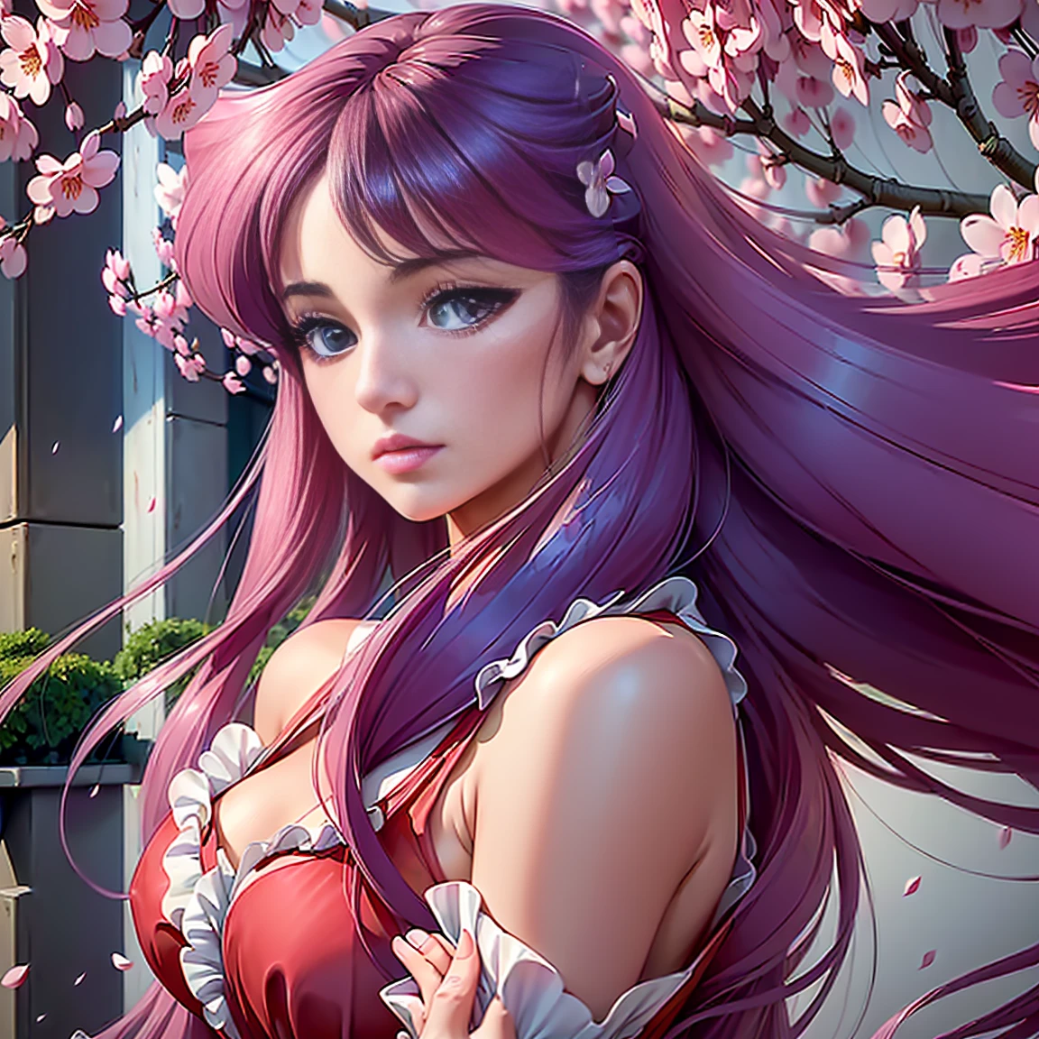 ((Portrait of Saori Kido, hot, wearing an elegant and sexy dress, Standing against a backdrop of cherry blossoms She's holding a pair of red panties by her fingertips. Her eyes are captivating, reflecting sensuality. A gentle breeze ruffles her hair, adding a touch of motion to the scene.))