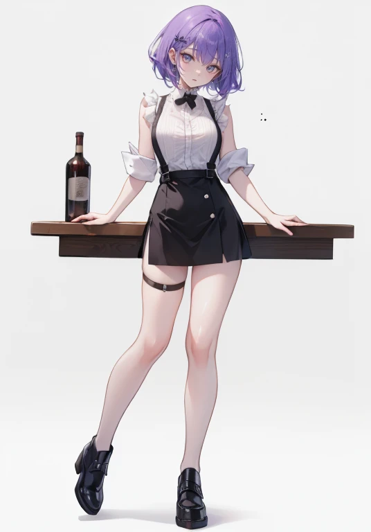 Purple Hair,Shortcuts,Adult female,(bartender),(Body Harness),((Rolling up his sleevesYshirt)),((Full Body)), ((Simple Background))