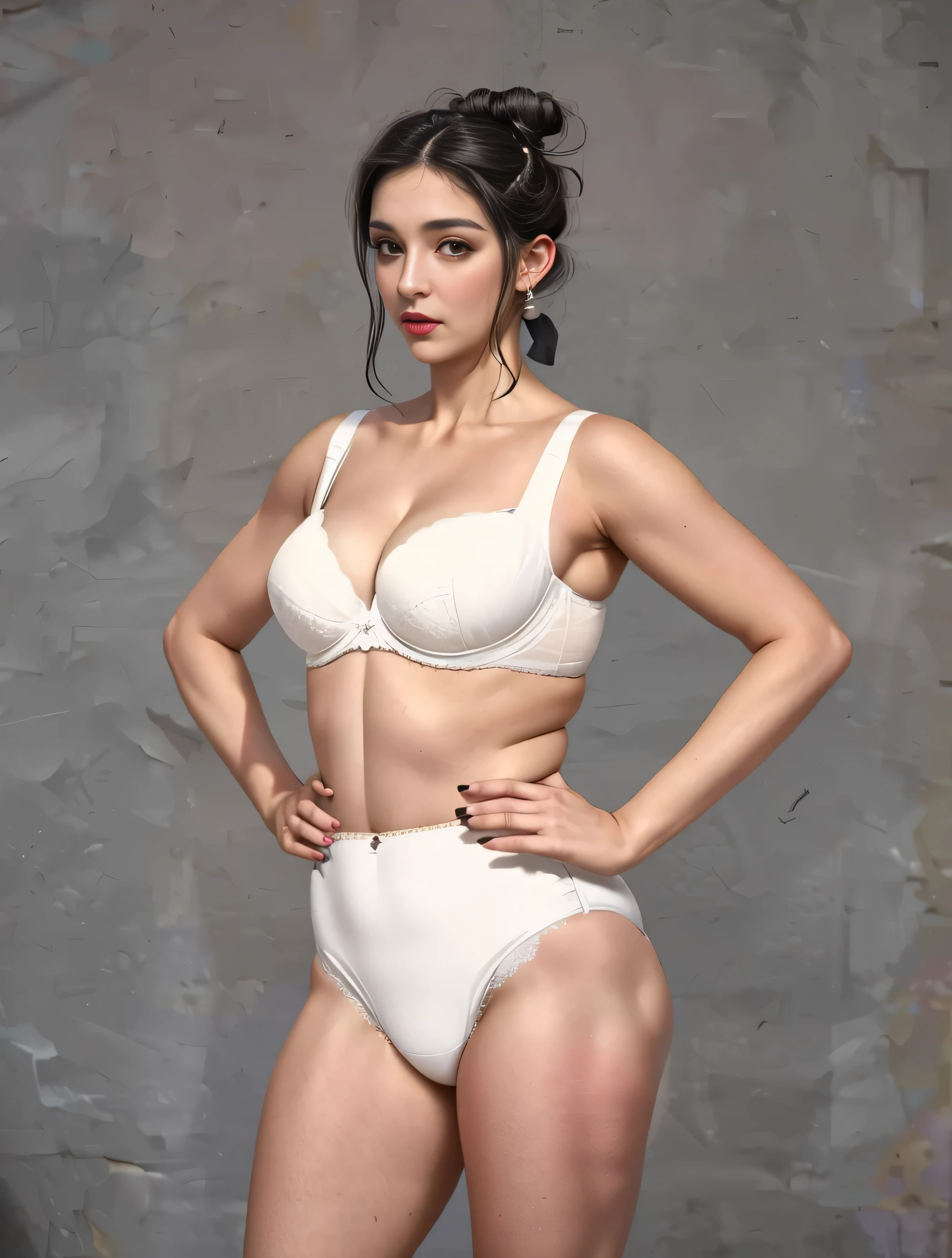 ((masterpiece, best quality)), ((((perfect anatomy)))), ((32 year old)), (((Curvy))), (((greek woman with black hair-buns)), in white bra, ((white high cut  panties)), Standing in front of a grey screen, magenta lipstick, (((photo realistic)))