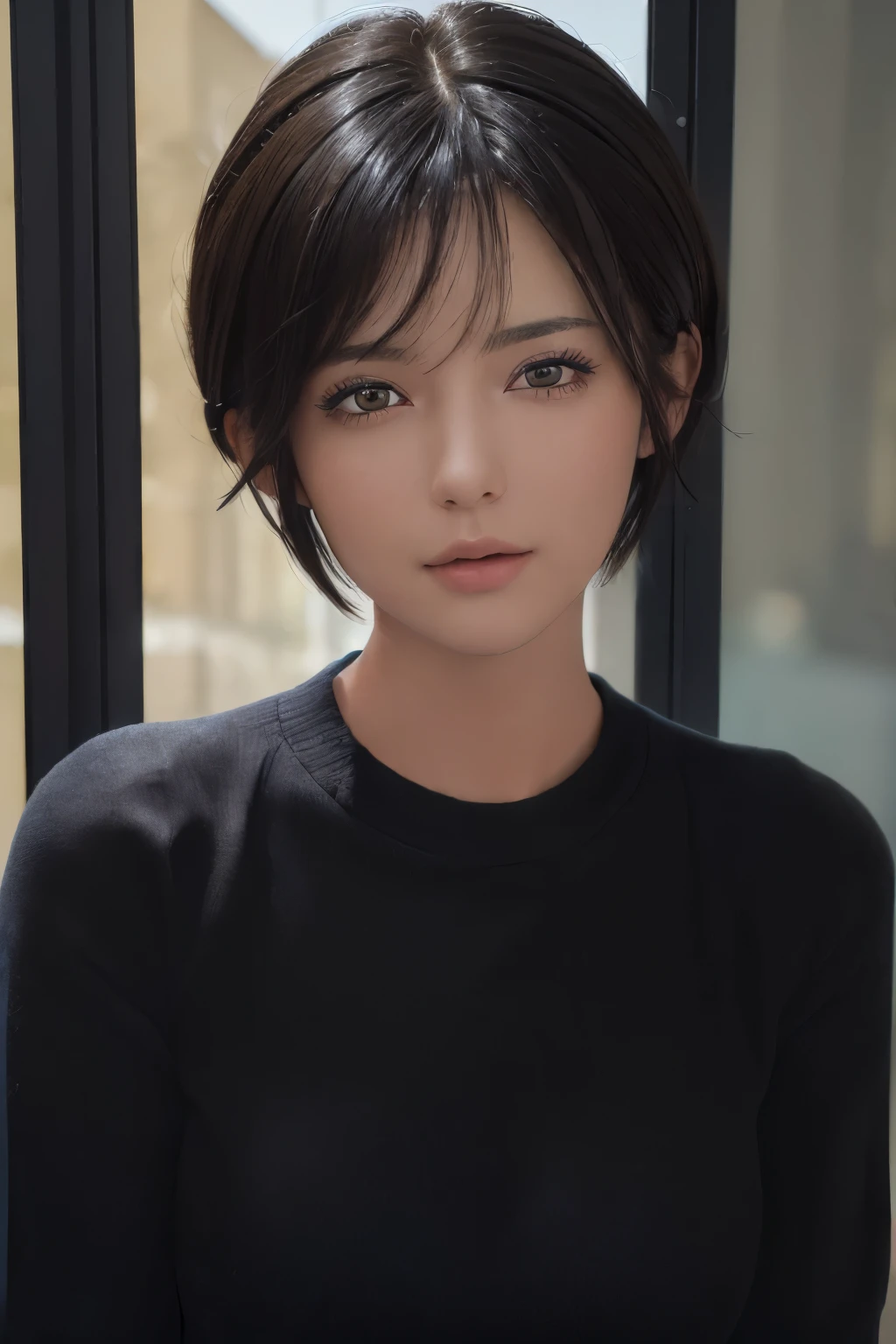 (masterpiece:1.3), (8k, photorealistic, RAW photo, best quality: 1.4), (1girl), beautiful face, (realistic face), (black hair, short hair:1.3), beautiful hairstyle, realistic eyes, beautiful detailed eyes, (realistic skin), beautiful skin, (sweater), absurdres, attractive, ultra high res, ultra realistic, highly detailed, golden ratio