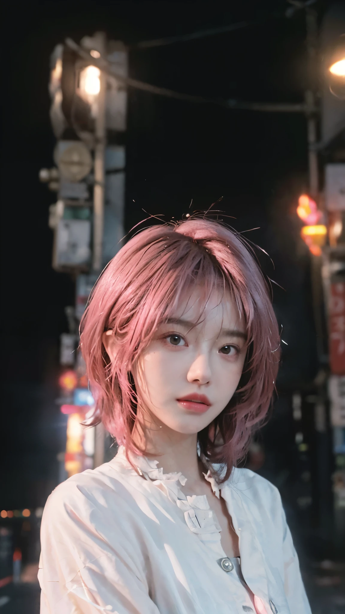 (8k, highest quality, masterpiece: 1.4), Super detailed, highest quality, Ultra-high resolution, Depth of written boundary,Ultra-Realistic Capture,(Very detailed,High definition 16K), cute, girl, short hair, Pink Hair, Around the person,Inside the radial, Cyber Neon, (Night lights:1.4)