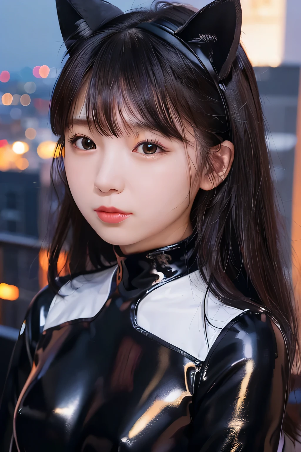 8K、highest quality、masterpiece、　(Headshot closeup)、1 girl、slim、cute、Flat Body、Cat ears on her head、Black latex suit、、Skyscraper rooftop at night、silhouette、Shadow、、 (High Contrast Lighting)