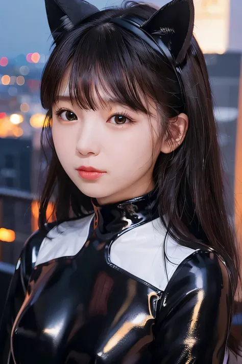 8k、highest quality、masterpiece、　(headshot closeup)、1 girl、slim、cute、flat body、cat ears on her head、black latex suit、、skyscraper ...