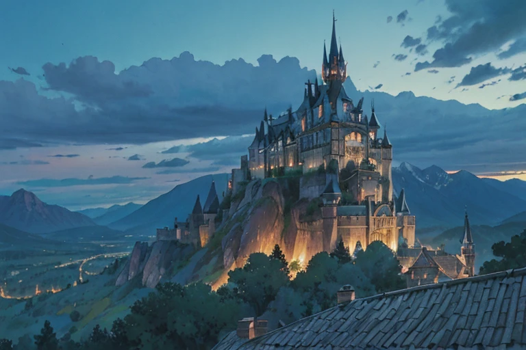 impressive big ((ghibli)) dark fantasy castle at night, high on the mountain top, rocky mountains, tiled roofs, medieval, many towers, sky passages between towers, clustered towers, balconies, POV