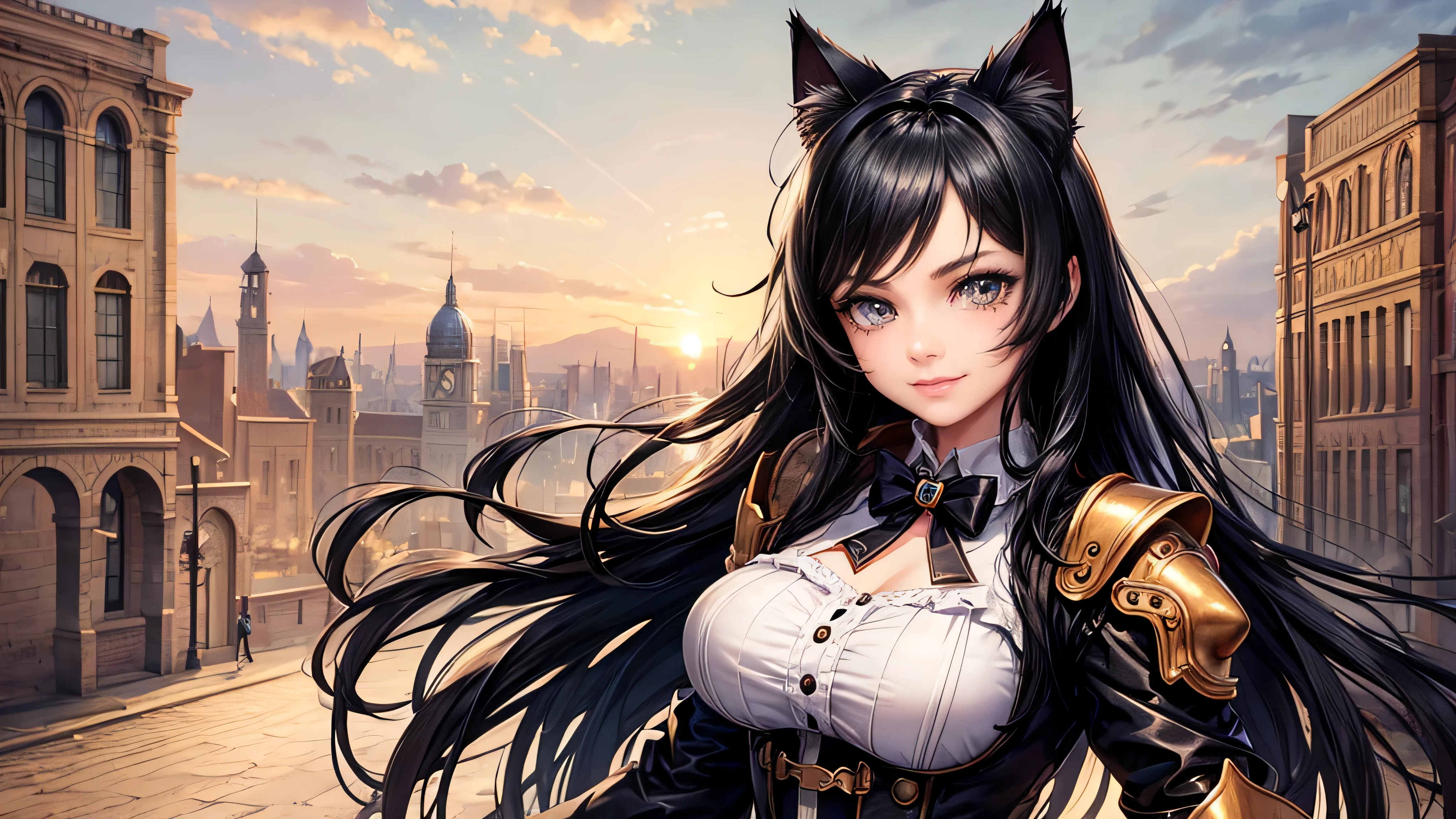 Cat ears girl child Steampunk attire Black Hair Long Hair A big smile Perfect and detailed facial expression Perfect and detailed eye depiction Perfect and detailed hair Perfectly detailed upper body Perfect and detailed clothing Steampunk landscape