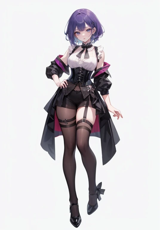 ((Perfect Face)),Purple Hair,Shortcuts,Adult female,bartender,((Body Harness)),((Shirt with rolled up sleeves)),tie,Black vest,((corset)),,((slit)),((Simple Background)),smile,((full body)),((Full Body)),((whole body))Character portrait,((upright)),Both arms are lowered,