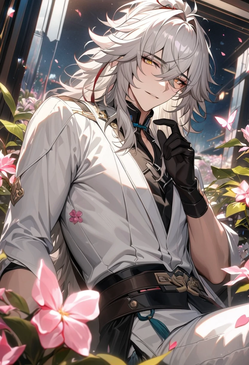 (absurdres, highres, ultra detailed, HDR) master piece, best quality, perfect face, Jing Yuan, white hair, expressive yellow eyes, Honkai Star Rail, solo, sexy man, handsome, white clothes, black gloves, glass pink flowers, glass pink petals, glass pink butterflies, glass garden, glass blossoms, everything made with glass