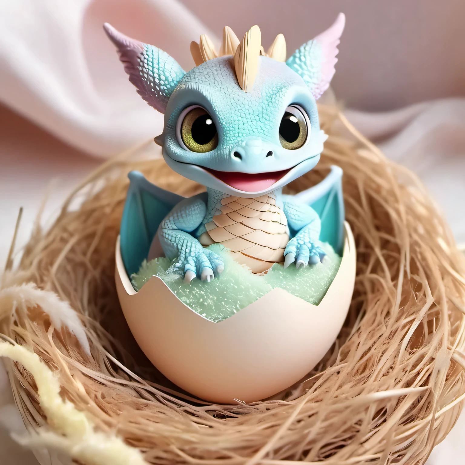 Tiny dragon, hatching from egg, wide-eyed curiosity, soft pastel colors, glittering eggshell pieces, cozy nest, gentle morning light, sparkling eyes, fluffy appearance, animated expressions, joyful discovery