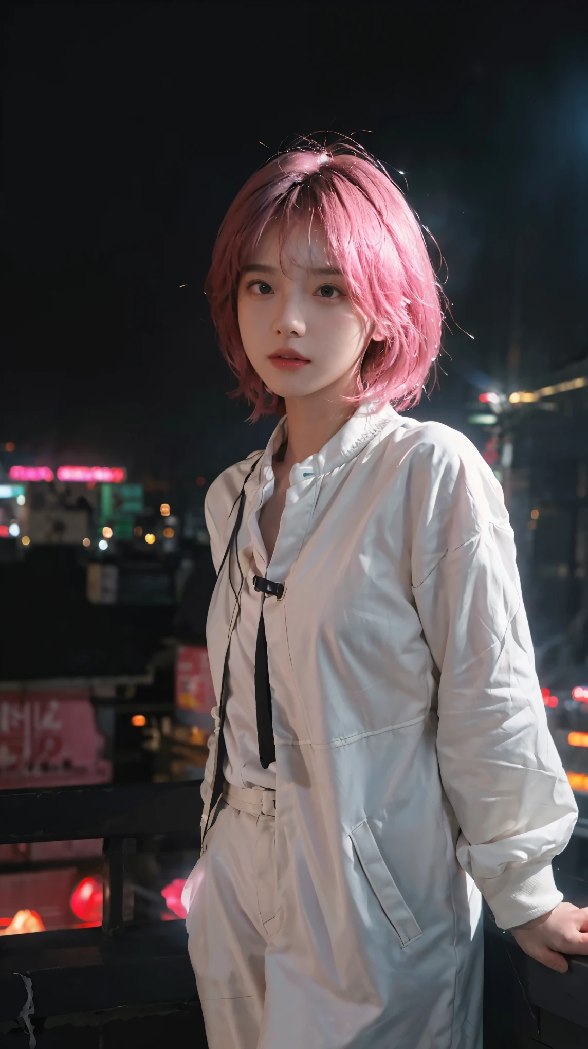 (8k, highest quality, masterpiece: 1.4), Super detailed, highest quality, Ultra-high resolution, Depth of written boundary,Ultra-Realistic Capture,(Very detailed,High definition 16K), cute, girl, short hair, Pink Hair, Cyber neon lights, (Night lights:1.4)