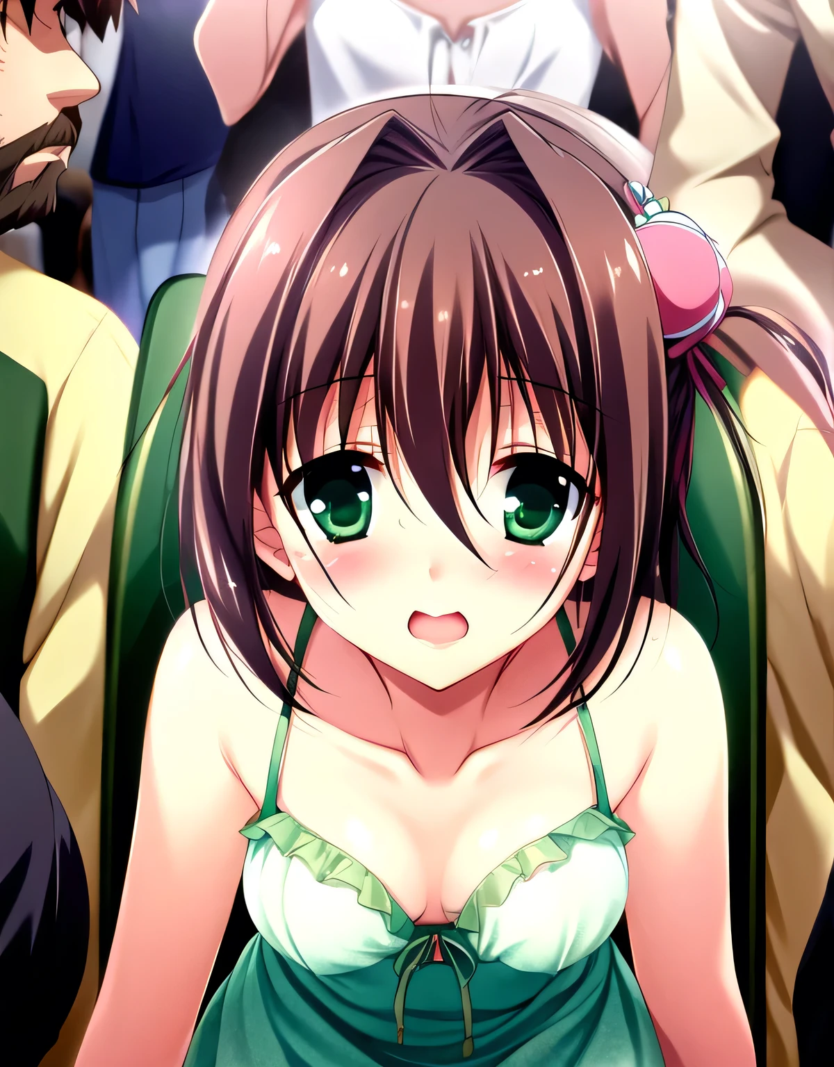 asakura_yume,Brown Hair,Medium Chest,Aqua Eye,White skin,((surprise)),((Embarrassment)),((sorrow)),((Sleeveless_sweater)),(((crowded train))),((Multiple men)),nsfw,((Multiple molesters)),((Yume Asakura_Multiple molestersに胸を触られる)),