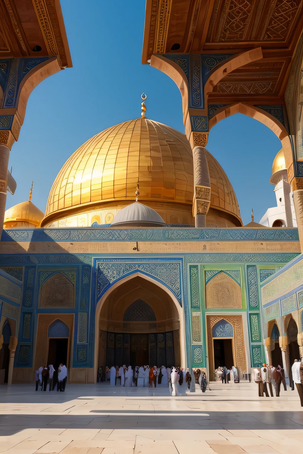 (best quality,4k,8k,highres,masterpiece:1.2),ultra-detailed,realistic,large size image, vibrant colors, fine art, architecture, Makkah, Al-Aqsa Mosque, spiritual, holy, Islamic landmarks, detailed textures, exterior view, peaceful atmosphere, dawn, golden light, glittering dome, intricate carvings, elegant minarets, bustling crowd, serene courtyard, pilgrimage site
