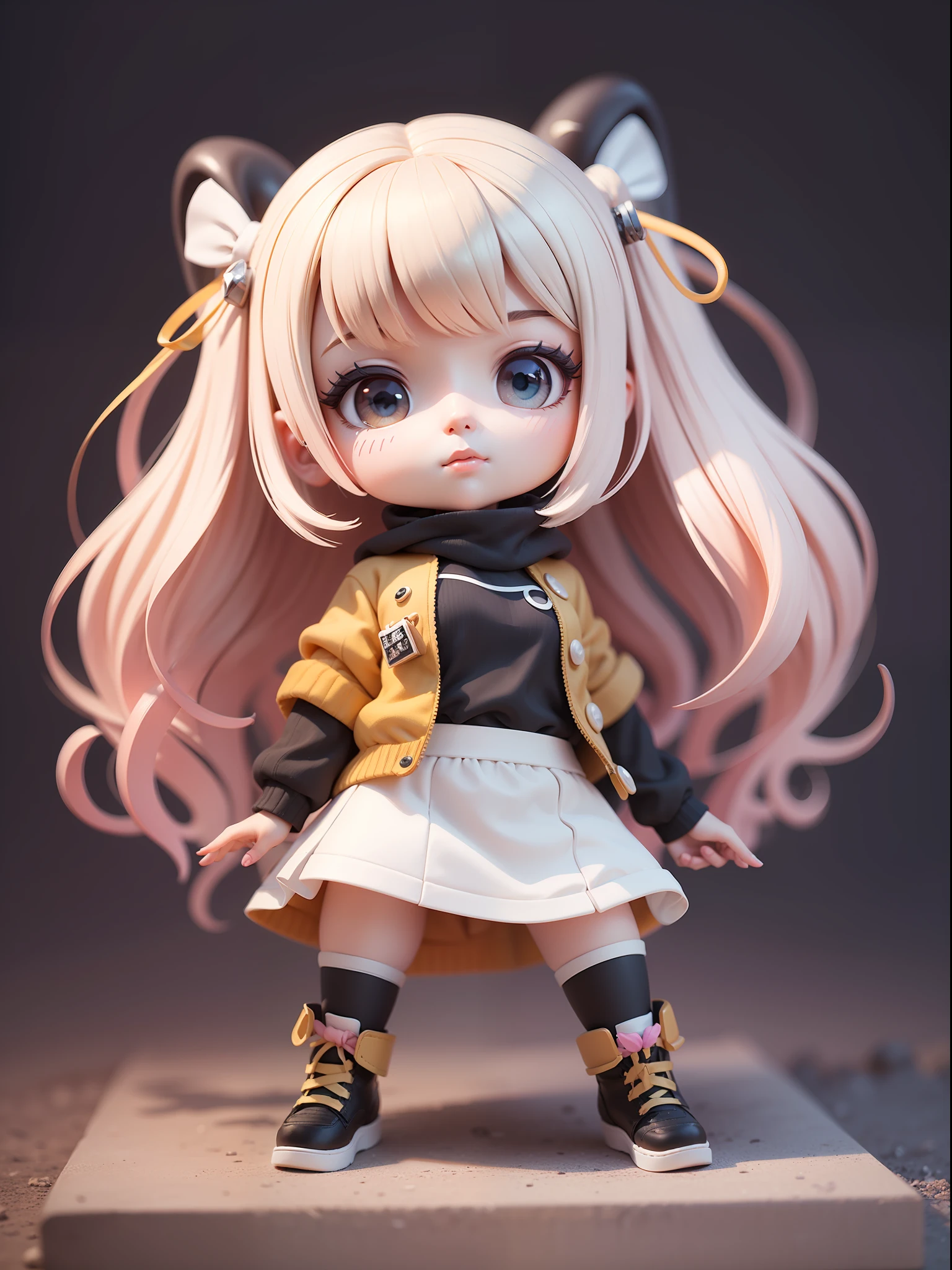 A very cool and stylish mechanical girl,Have a beautiful face,Chibi,Full body,Wear an oversized jacket, Van Gogh style,Bored pose,Please attach your CV to the letter,Big chunky shoes,Vanguard,Almost detailed details,Full body,Looking at viewert,Clay material,Pastel coP of the popular bazaar,Blind box material,Disney style,Black and white background,Studio Light,c4d,Mixer,Viewer OC,Hyper HD,8K,Colored light,security,The word,Clean white background,Track Ray,Excellent color,نموذج ثلاثي الأبعاد لFull body,action,Stylish blind box game。(Fill the body:1.2),Chibi