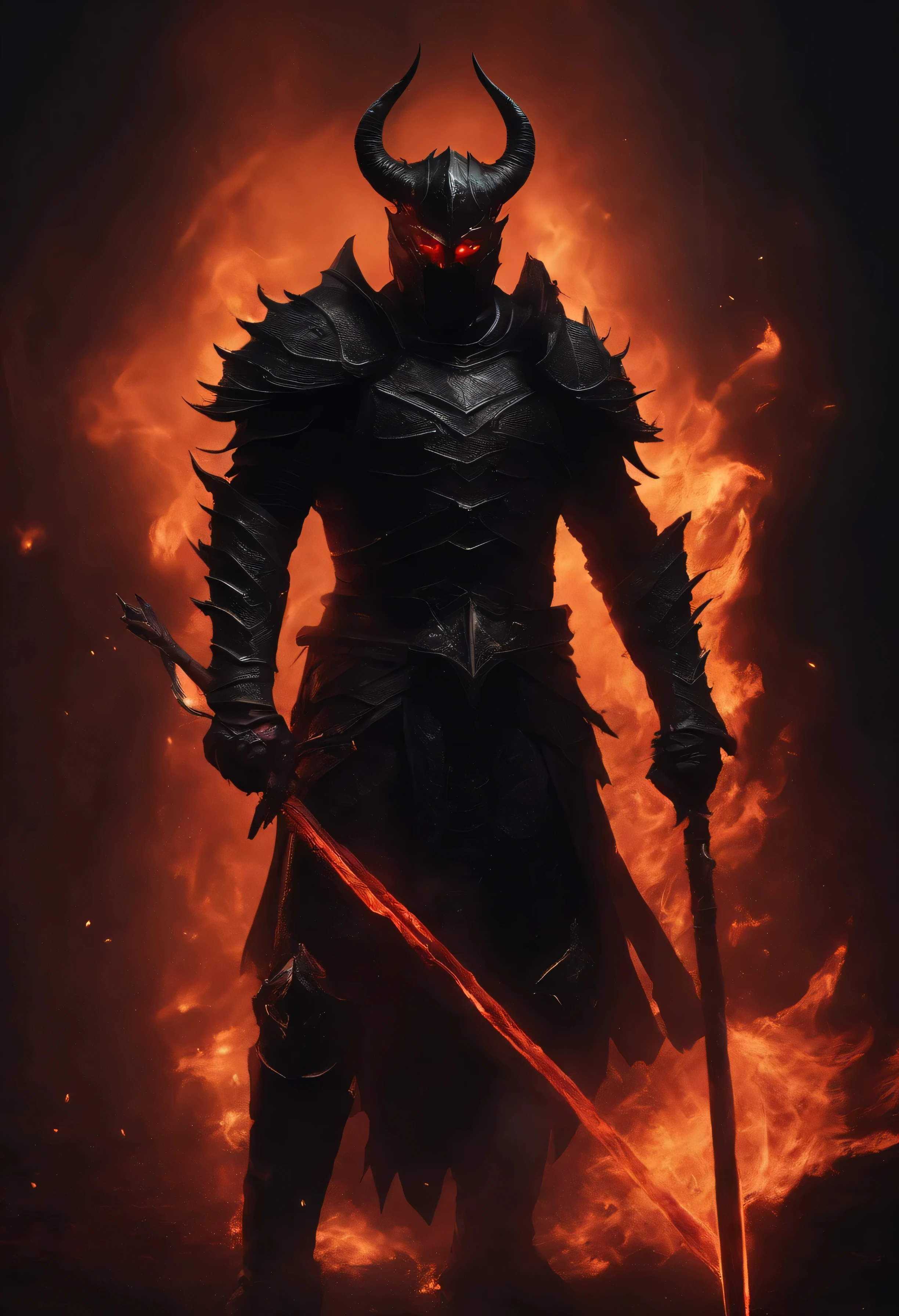 A demon in black armor, Holding a spear in his hand,Black flame,glowing light eyes, eerie, Creepy, nightmarish, Very bright colors, Light particles, with light glowing, Mshiv, wallpaper art, UHD wallpaper