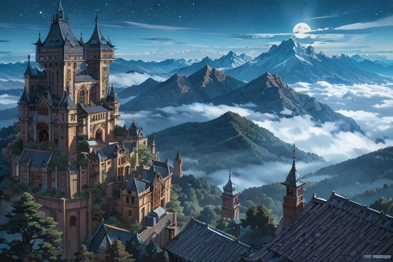 impressive big ((ghibli)) dark fantasy castle at night, high on the mountain top, rocky mountains, tiled roofs, medieval, many towers, sky passages between towers, clustered towers, balconies, POV