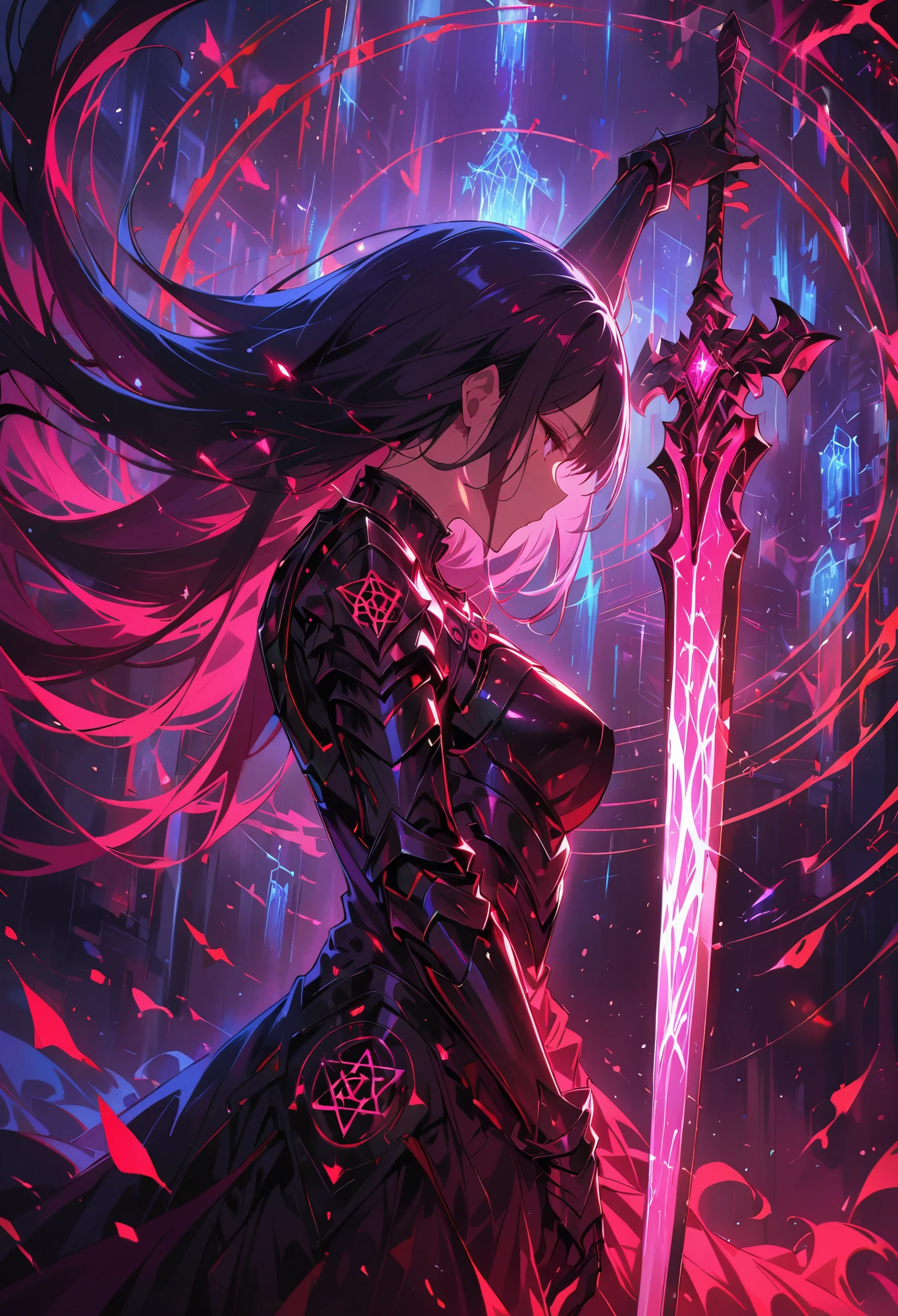 (best quality, masterpiece:1.2), ultra-detailed, a huge glowing sword, ancient glowing symbols on the blade, a girl wearing armor, Cuvry Pose,Dynamic Action，long flowing hair, silver armor,  electric arc hexagram magic circle background, magical effects, detailed magic circle, detailed hexagram, intricate sword handle texture, thick breath mist, Surrealism, 4k, 8k, highres, best quality, highres, anatomically correct, textured skin，vivid color,red,white,blue,