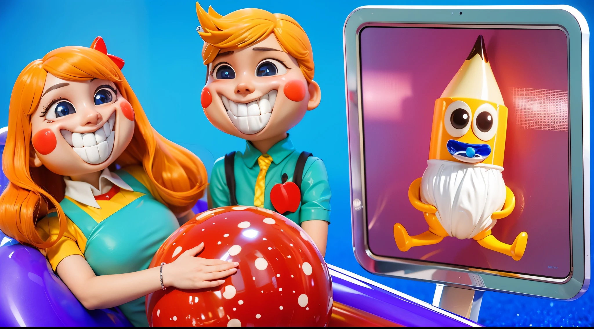 cartoon characters stand next to each other, Electricsbunny, Holographic creatures, Beeple and Jeremiah Ketner, 🐋 as 🐘 as 🤖 as 👽 as 🐳, Rabbids at a metal concert, cute 3D rendering, 3D icon for mobile game, robot rabbit, Shiny metallic, 3D персонажи violet cat toy, toy cat laying on glossy metalic floor, glossy texture, smooth 3d model, multiple light sources, rim light, sharp post effects render, (glossy metallic texture with multiple big light probe refractions), perfect cgi, cgi art created only with gradients, smooth silhouette, high intensity refraction, (super glossy chrome material), most beautiful vfx, blue background, chrome metal refractions