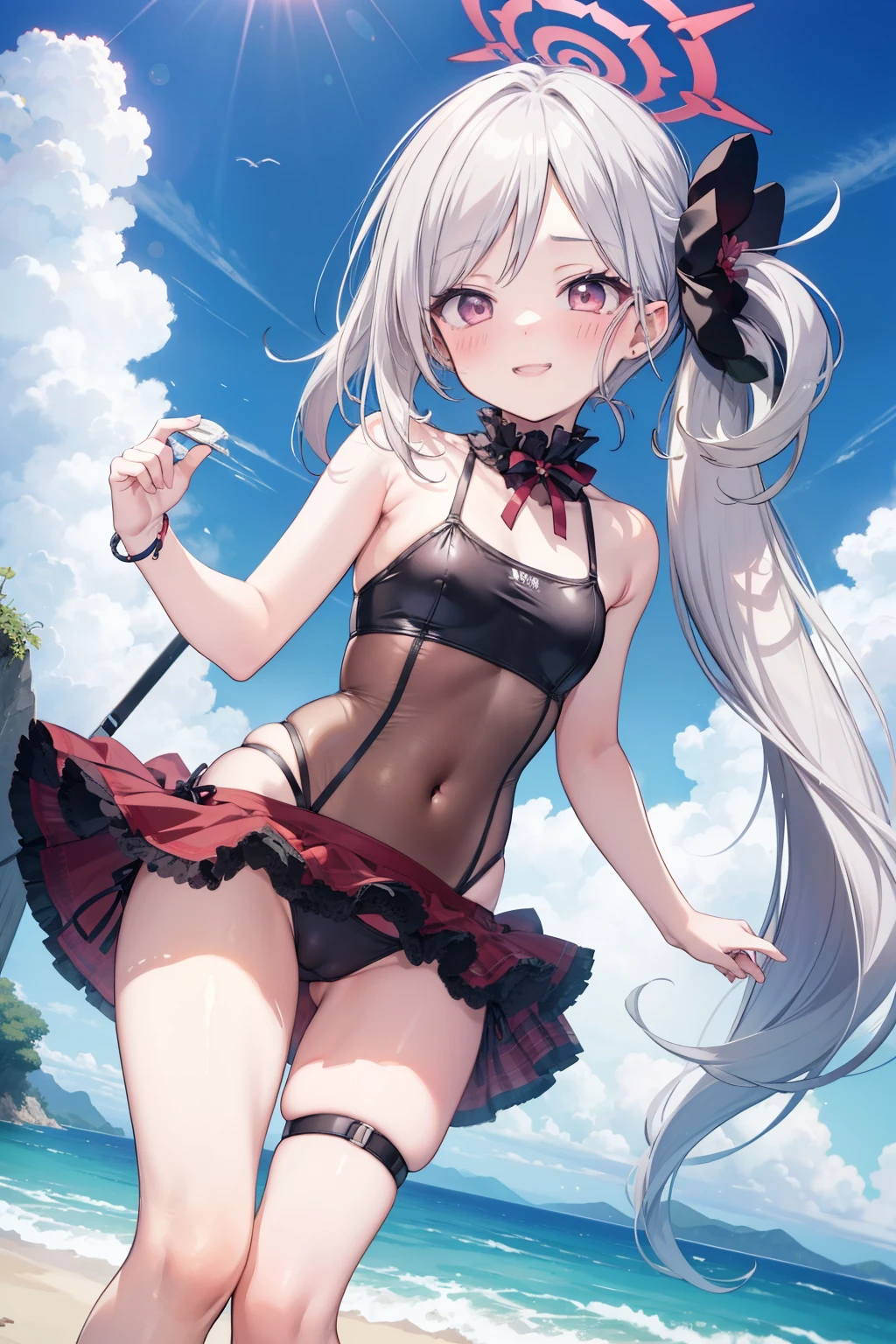 Asahi Mutsuki、Good looking girl (blush, Perfect Face), independent , Looking at the camera, masterpiece, Anime art style, Cute Characters, Most detailed, high quality、Nico Nico Smile、She wears a sexy swimsuit、In underwear、Coming to the Sea、Show your armpits、Silver Hair、side ponytail、Small breasts、Lolita