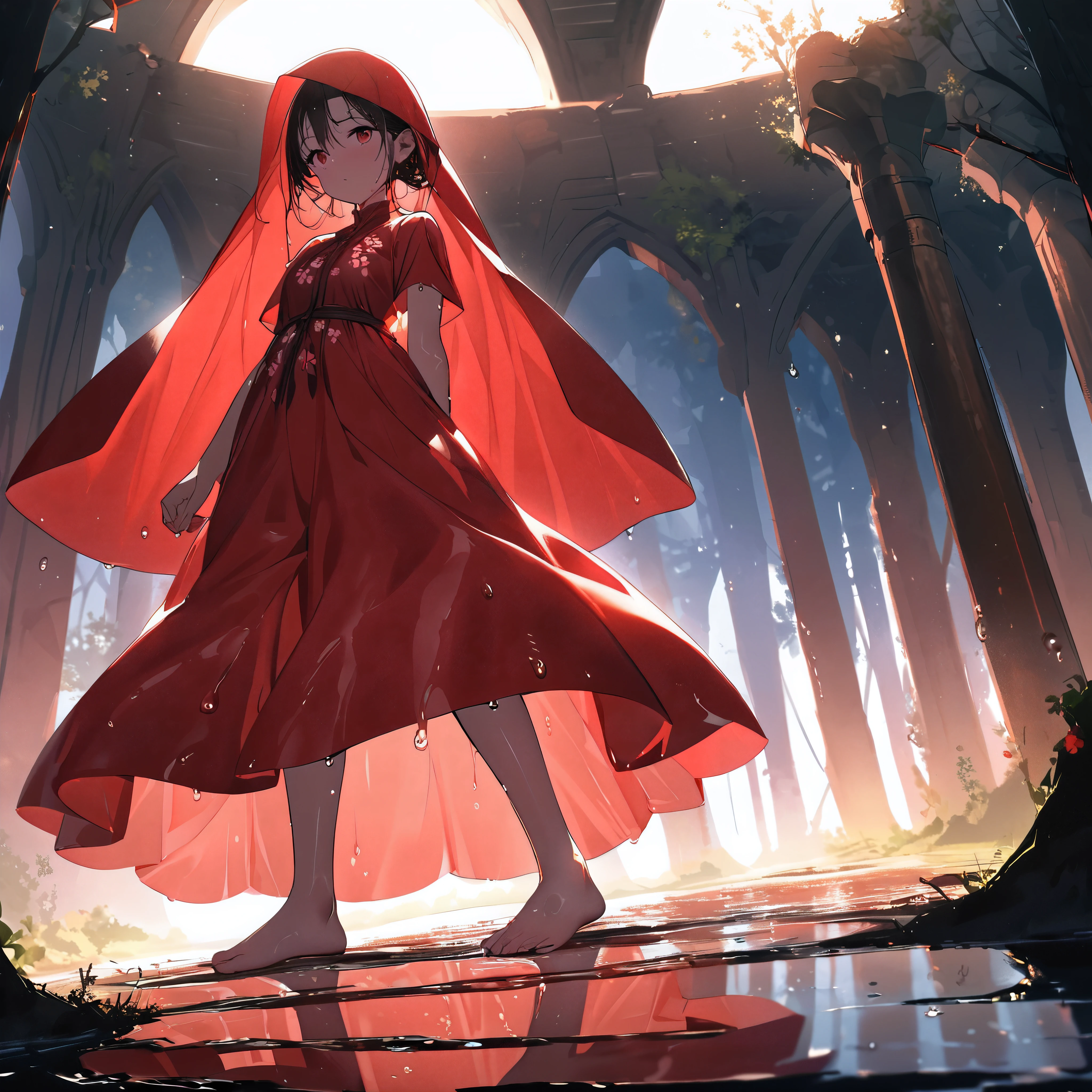 (Dramatic angle), (very young was dressed in a (very large red dress and phoenix red veil, best wrinkle, best shadow, best light), with a red veil over her head, she have a beautiful appearance, her slender and beautiful figure), (wet, wet body, wet hair, wet skin, very wet dress, reflection on the wet dress, delicate blossom embroidery, subtle water droplets:1.15), (water spray:1.1), (best dress wrinkle, Transparent mucus wrapping:1.1),(bare feet), little girlnded and boarded the Seven Treasure Incense Car, slowly driving towards the underworld, The sky became increasingly dim, and the evening breeze blew through the trees, leaving a desolate scene, The sound of festive music in her ears was like a funeral song, and the long road seemed to lead to the underworld