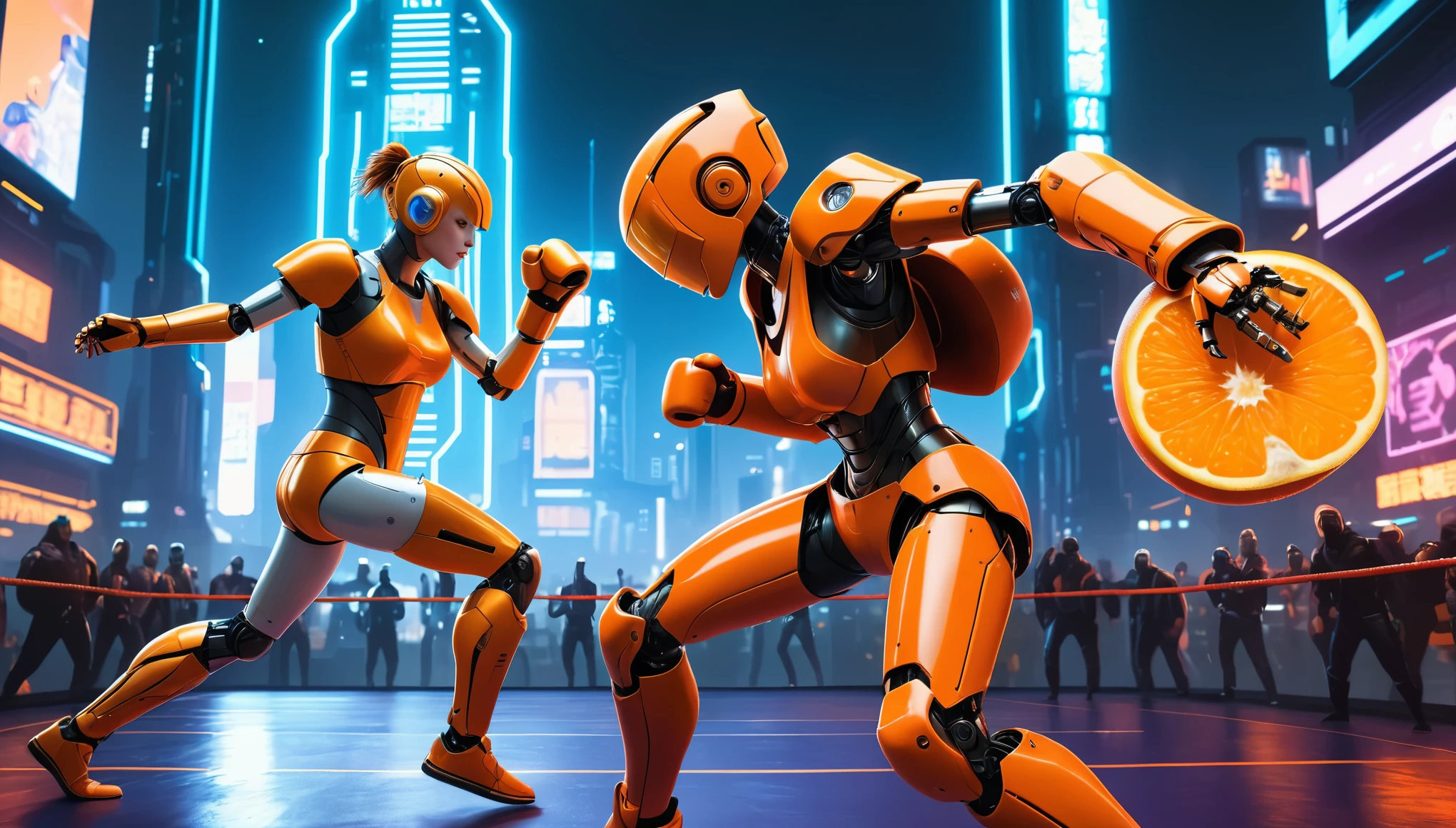 A female robot and an orange male humanoid boxing in the ring of a cyberpunk city, in a cinematic and detailed style with high resolution.